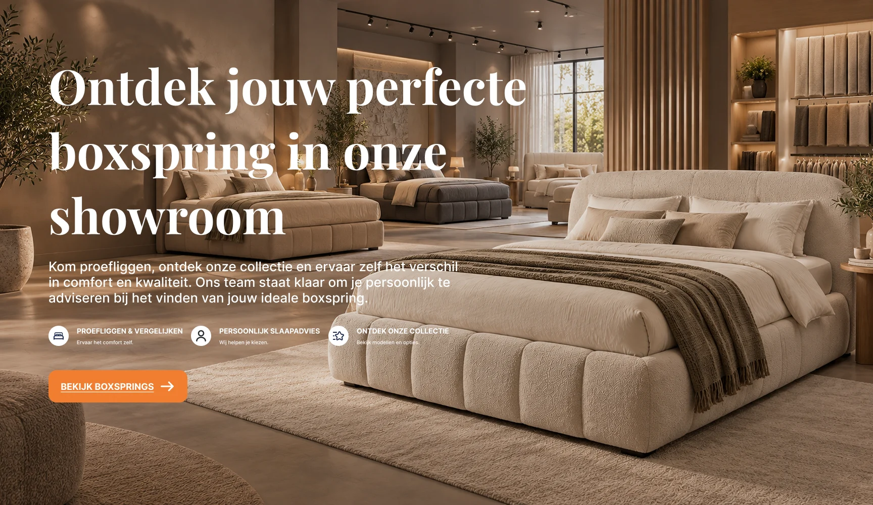 De homepage van Beddenenzo met boxsprings in de showroom