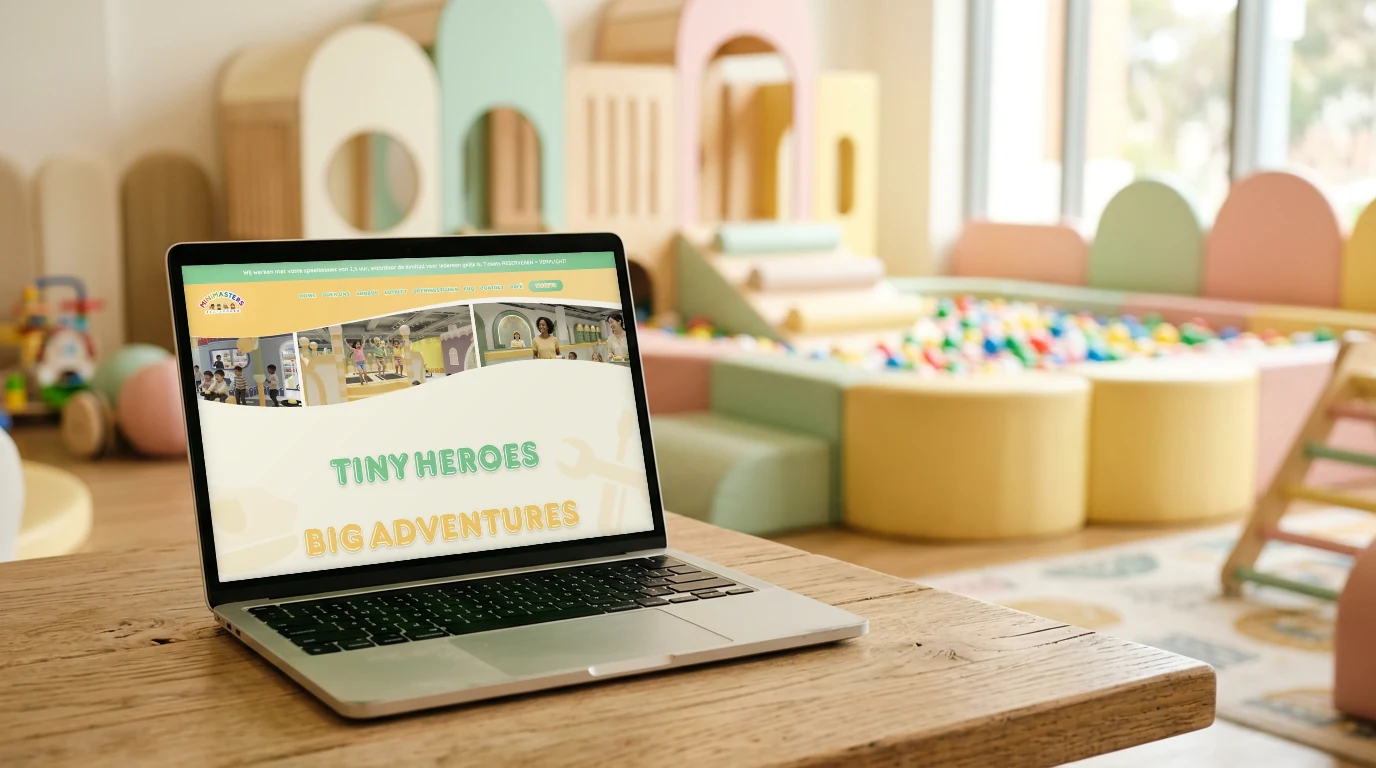 De nieuwe website van Minimasters Playground op een laptop in een speelhal