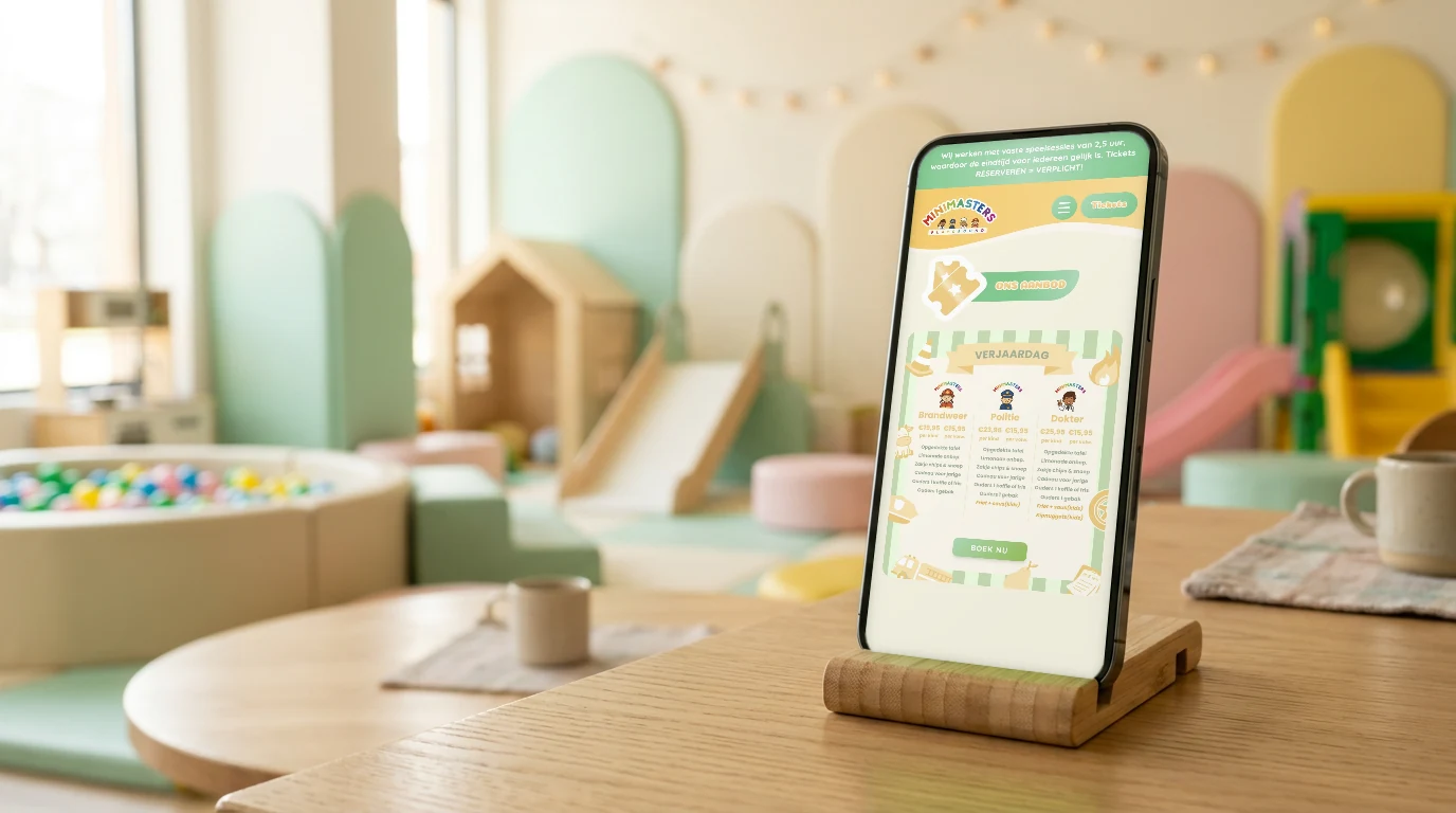 De pagina Ons aanbod van Minimasters Playground op een telefoon in een speelhal