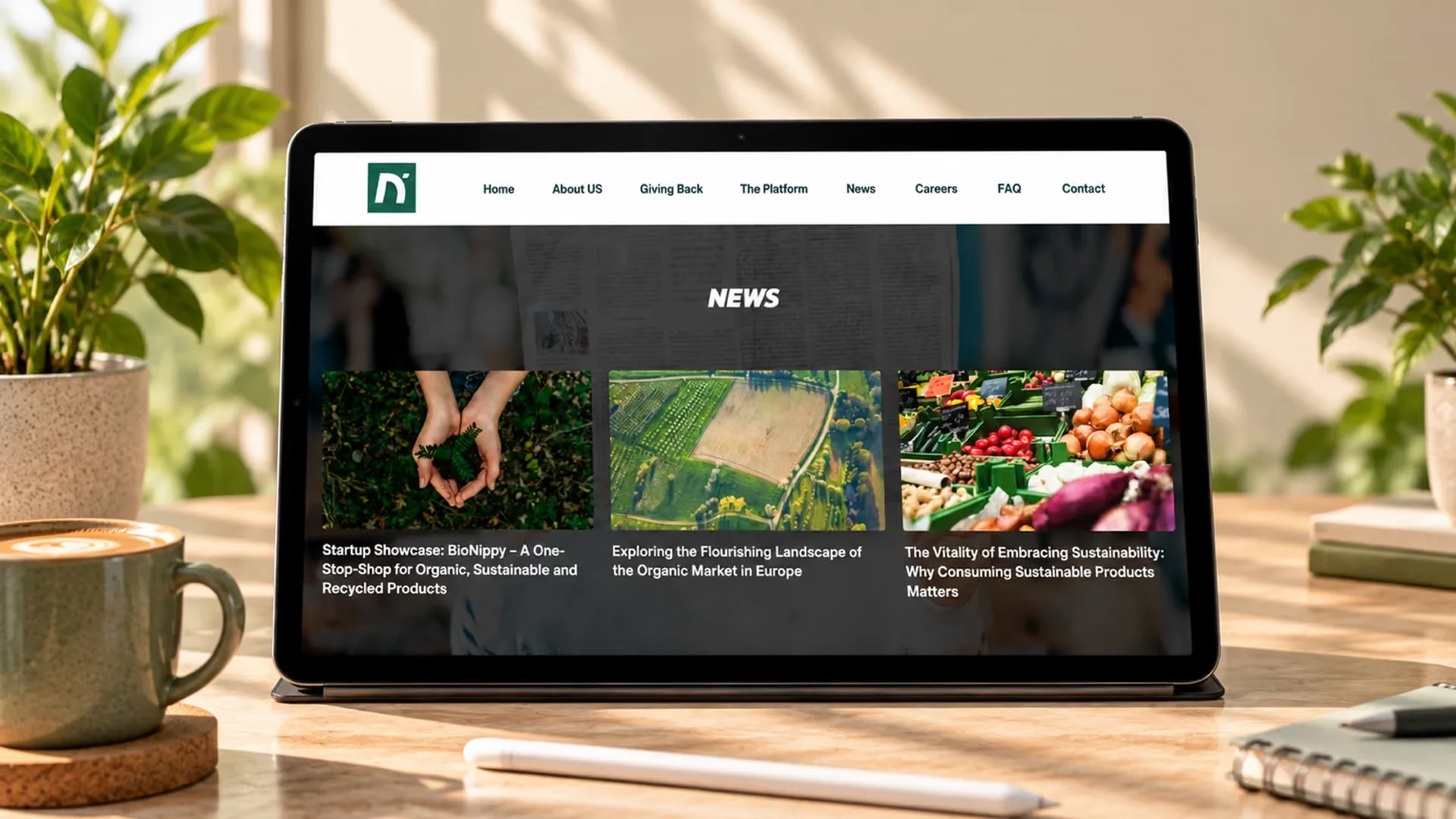 Die Newsseite von BioNippy auf einem Tablet