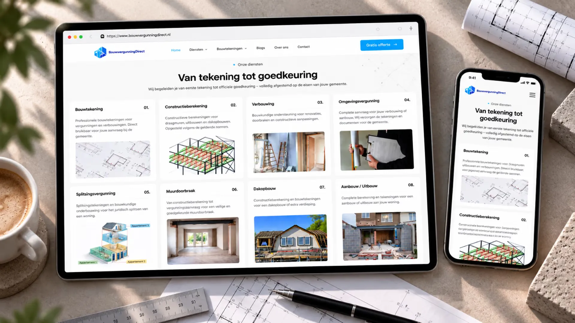 Die Leistungsübersicht von BouwvergunningDirect auf einem Tablet und einem Smartphone