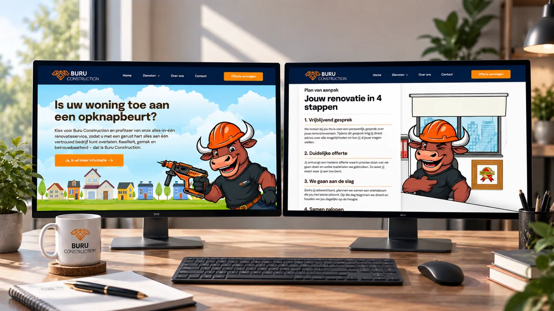 Die Startseite und der Stufenplan von Buru Construction auf zwei Bildschirmen