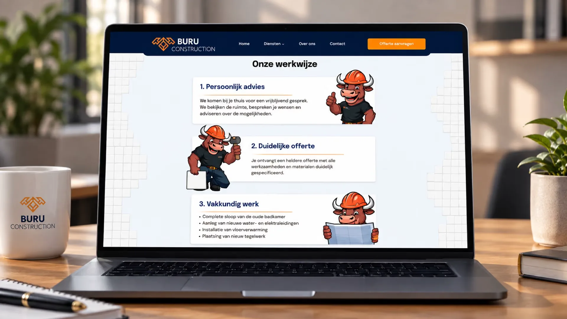 Die Arbeitsweise von Buru Construction auf einem Laptop, mit dem Maskottchen bei jedem Schritt