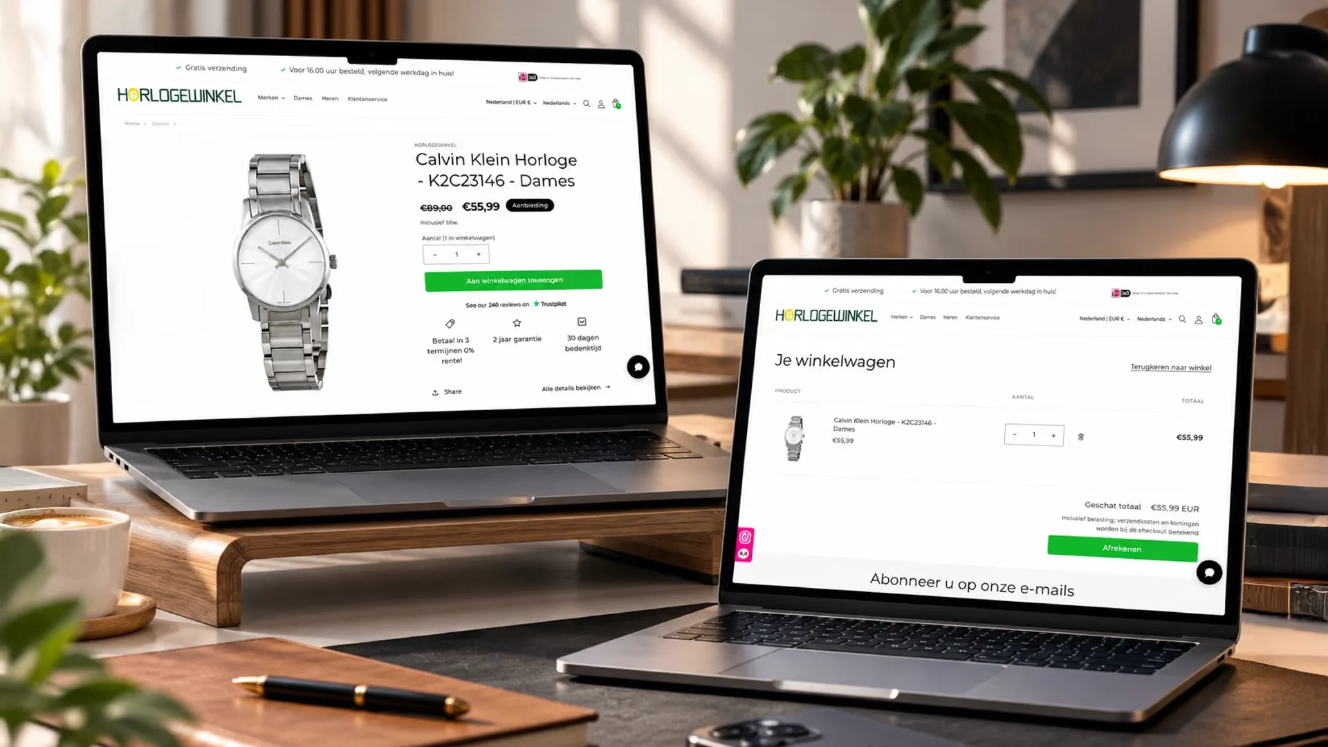 Een productpagina en de winkelwagen van Horlogewinkel op twee laptops