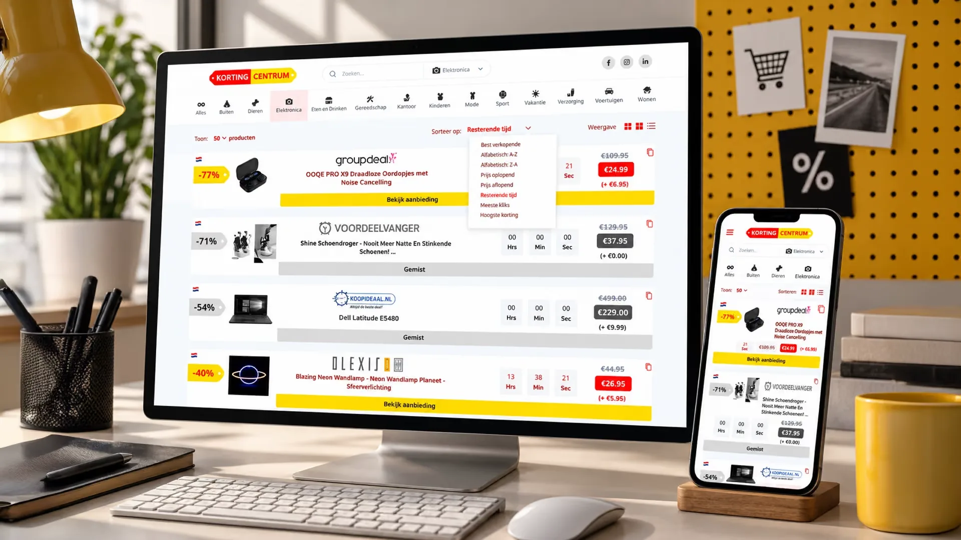 Sorting discounts on KortingCentrum on a desktop and a phone