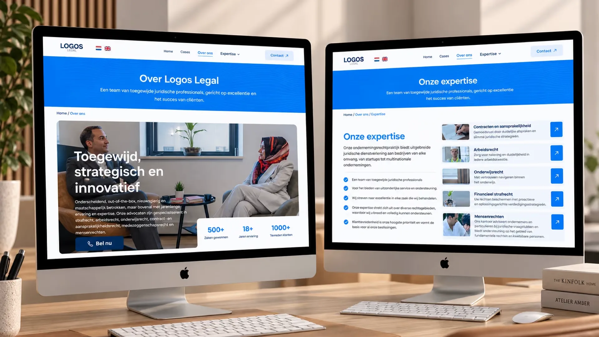 Die Seiten Über uns und Expertise von Logos Legal auf zwei iMacs