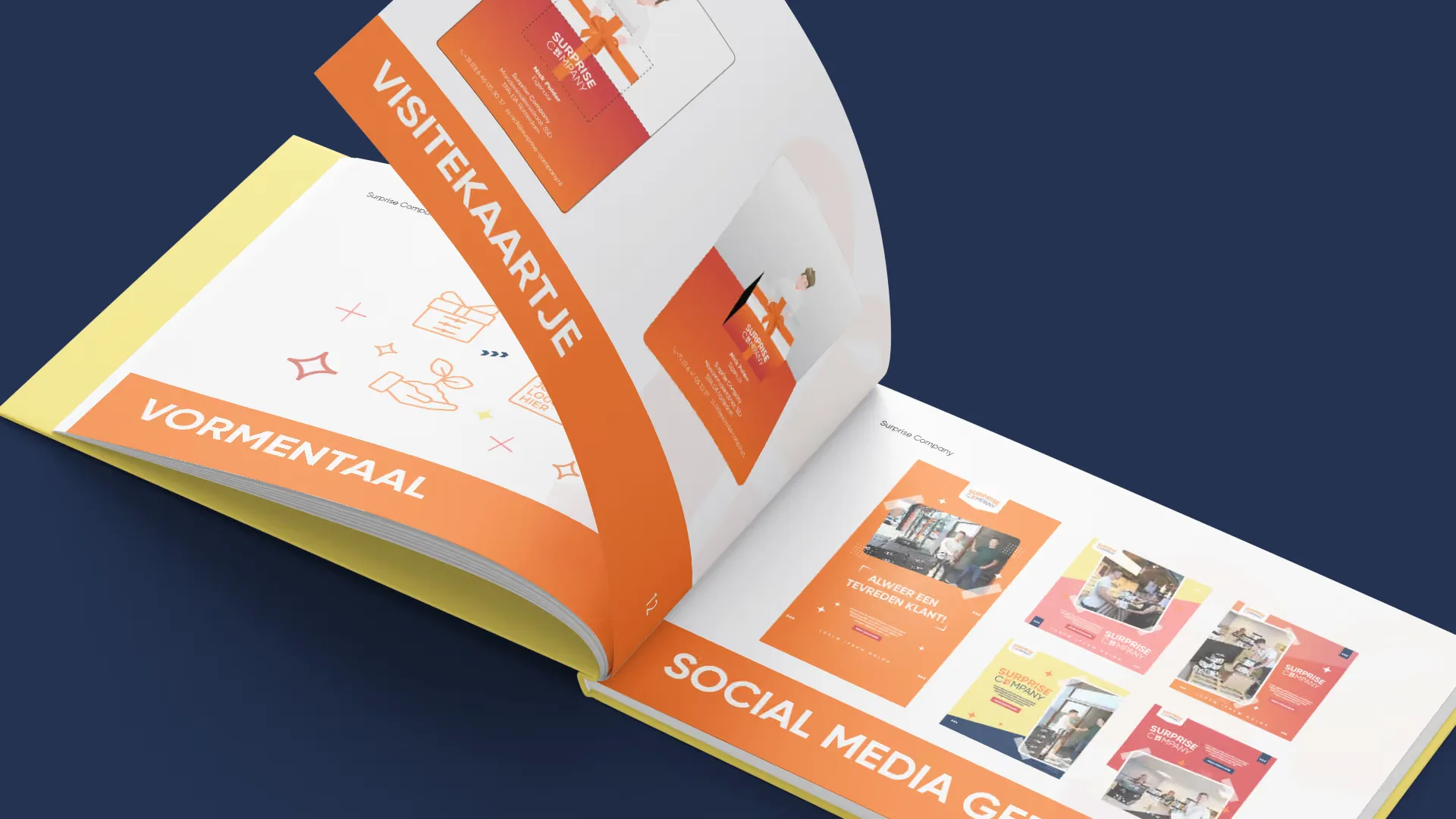 Brand book Surprise Company z językiem form, wizytówką i mediami społecznościowymi