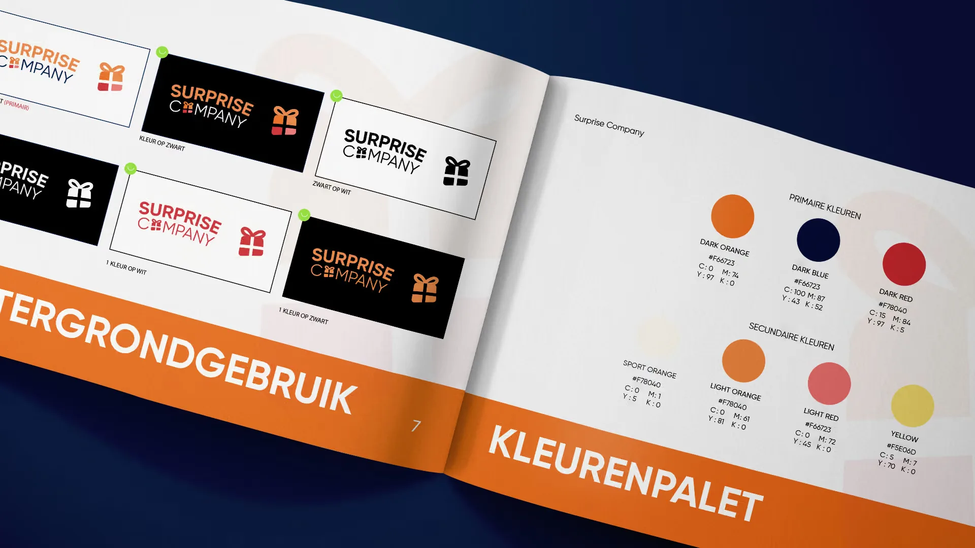 Brand book Surprise Company z zasadami użycia logo i paletą kolorów